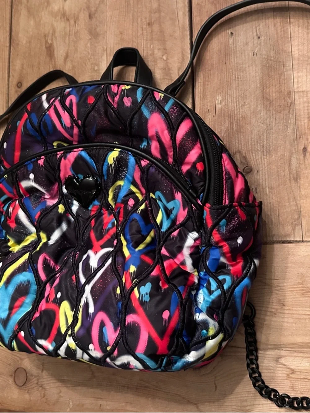 Graffiti Sweetie backpack by Betsey Johnson Multicolor Heart Print Quilted